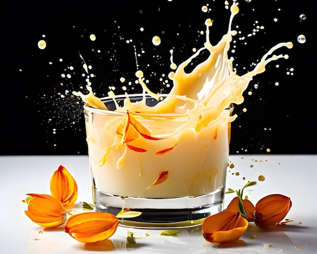 Splash of saffron infused with drops on dark background