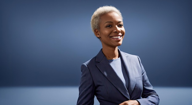 splash screen with portrait of popular woman talk show news program or entertainment host in blue suit on blue background attractive middle aged african woman Generative AI