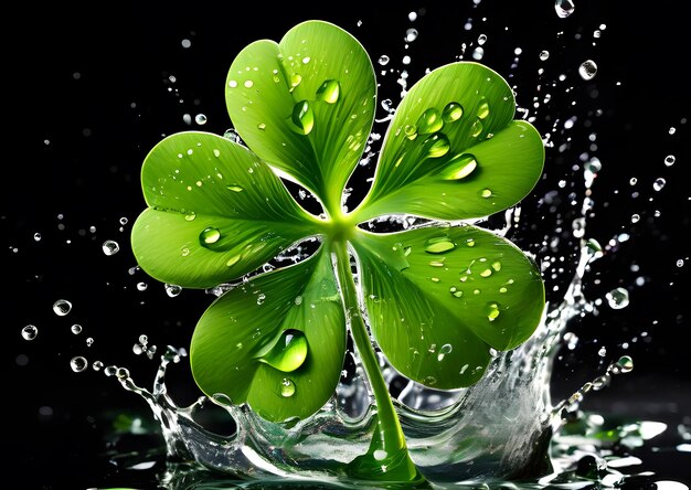 Splash of shamrock with drops on dark background