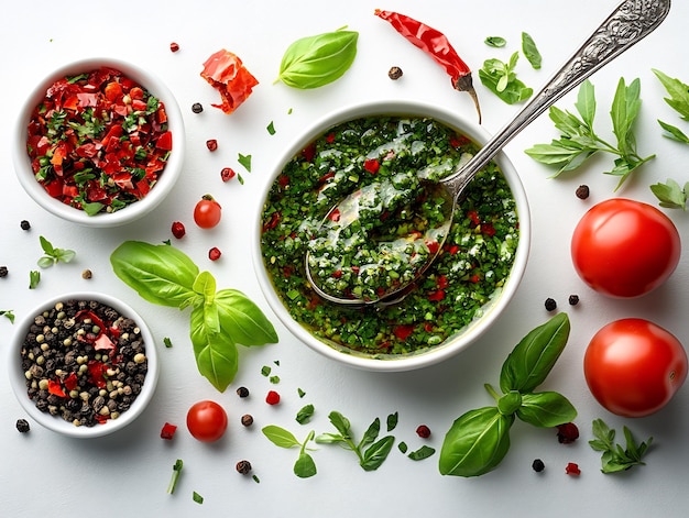 Splash of spicy chimichurri sauce on a white background with a spoon dipped in vibrant and fresh