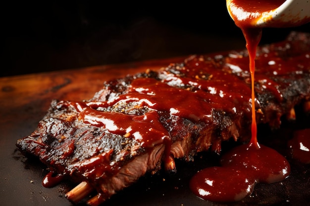 A splash of tangy barbecue sauce being brushed onto grilled ribs