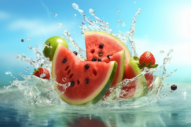 Splash Water of Fresh Watermelon Slices with Bright Sun Background