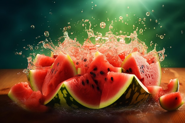 Splash Water of Fresh Watermelon Slices with Sunlight Background