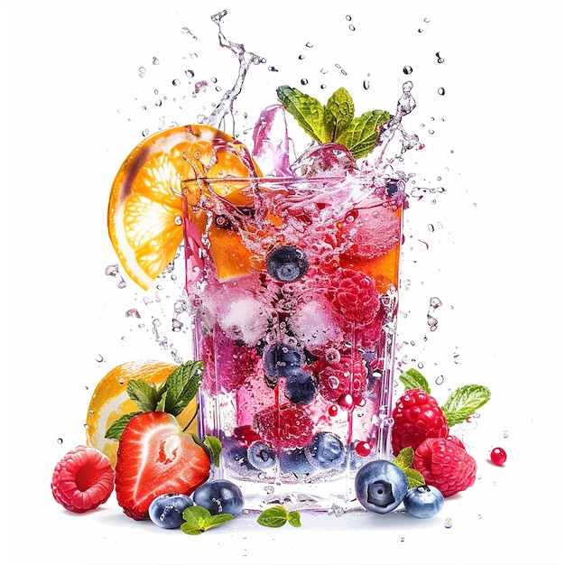 a splash of water and fruit in a glass with the word fruit on it