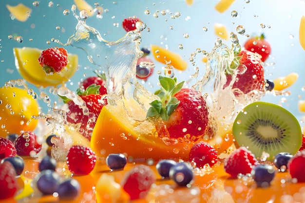 a splash of water and fruit in a water splash