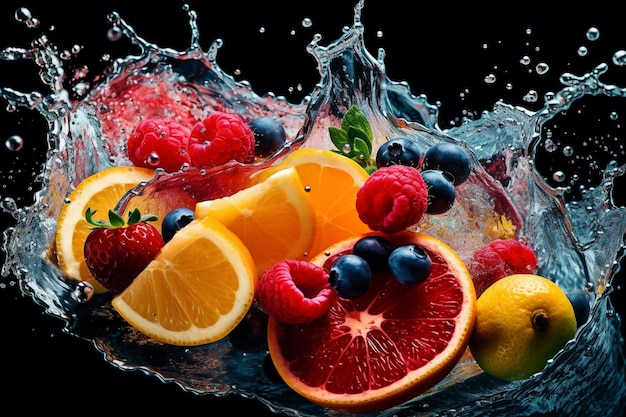 A splash of water with fruits and berries