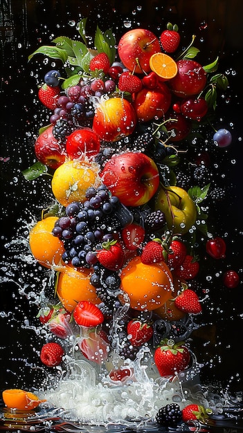 a splash of water with fruits and vegetables