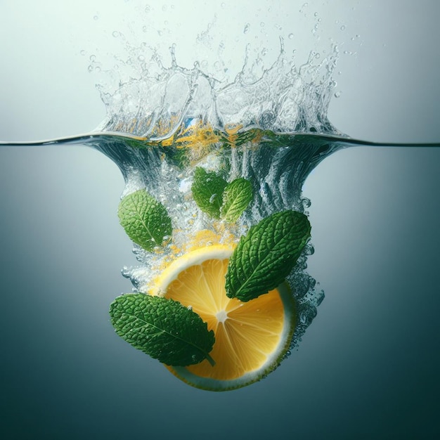 Photo a splash of water with a lemon and mint leaves