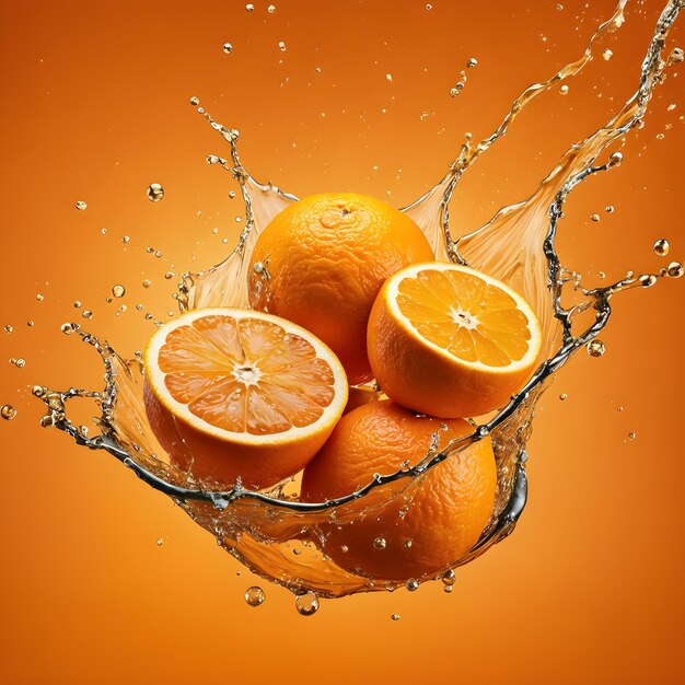 a splash of water with oranges and one with a stick of a dollar sign on it