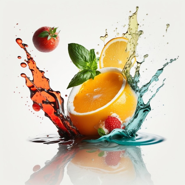 A splash of water with a oranges and strawberry