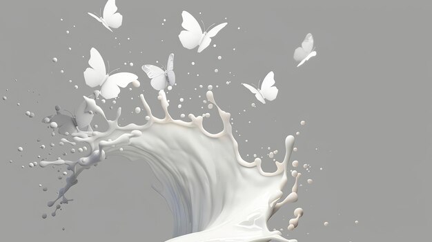 Photo a splash of white liquid with butterflies flying over it