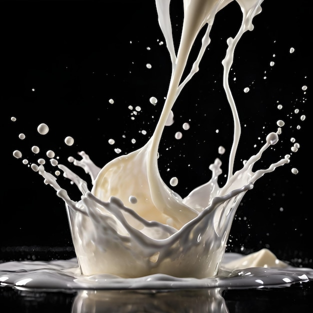 A splash of white milk with a splash of white milk being poured into a dark white background