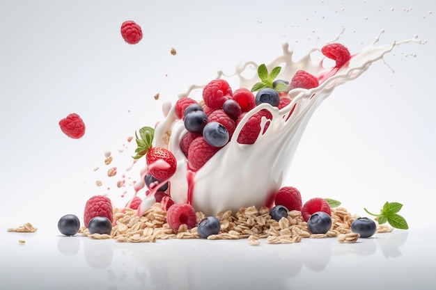 Splash of yogurt with fresh berries and crunchy granola and mint on white background