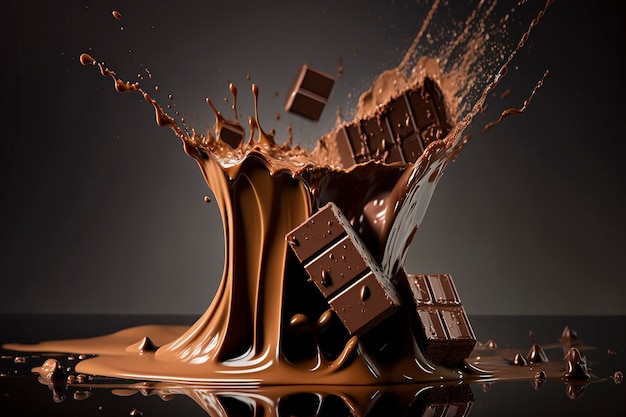 splashes of chocolate bars and melted chocolate, creative ai