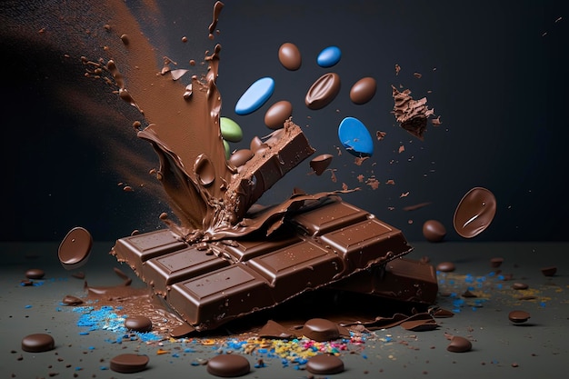 splashes of chocolate bars and melted chocolate, creative ai