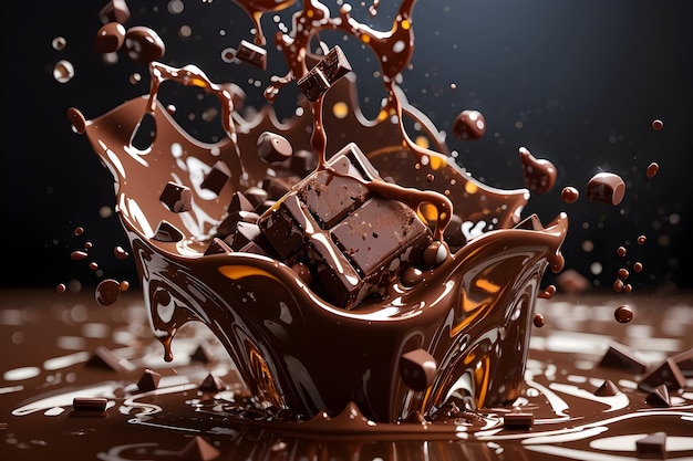 splashes of chocolate liquid with chocolate bar