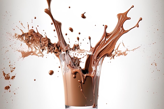 Splashes of chocolate milk from a glass isolated on a white background