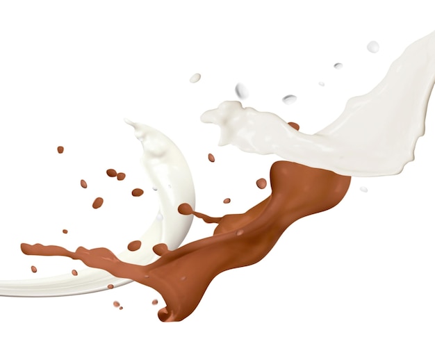 Splashes of chocolate milk and ordinary one mixing together on white background