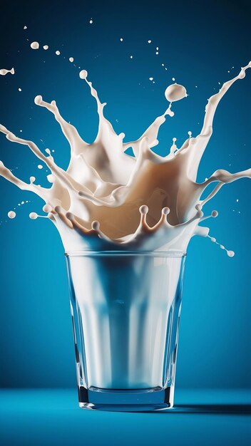 Photo splashes of milk in a glass isolated on blue background