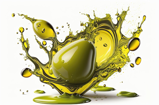 Splashes of olive oil on a white background creating a dynamic and abstract composition Generative of AI