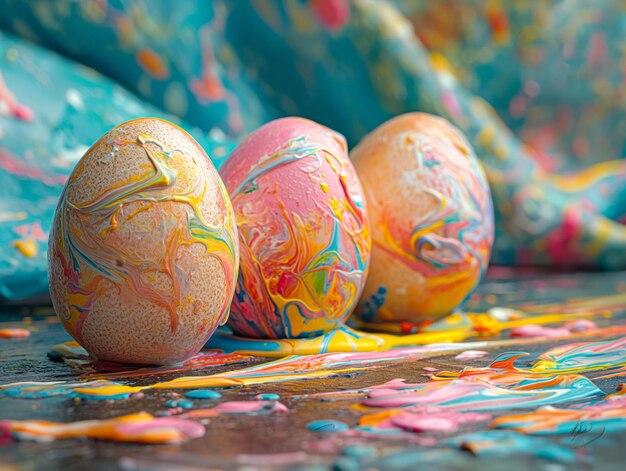 Photo splashes of paint from broken eggs easter creative background