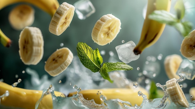 Photo splashing banana slices with ice and mint