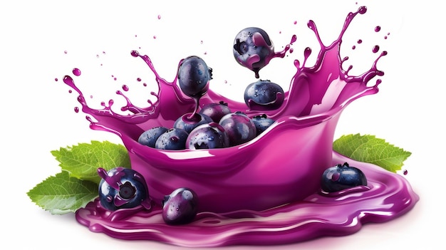 Splashing blueberries in vibrant purple juice with fresh green leaves