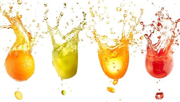 Splashing different fresh juices isolated on white collage design