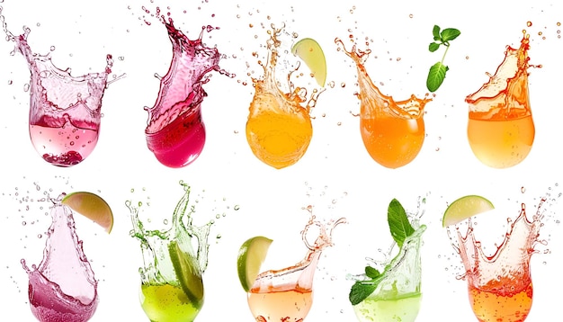 Splashing different fresh juices isolated on white collage design