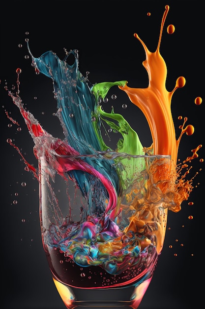 Splashing full color liquids on black background Generative AI illustration