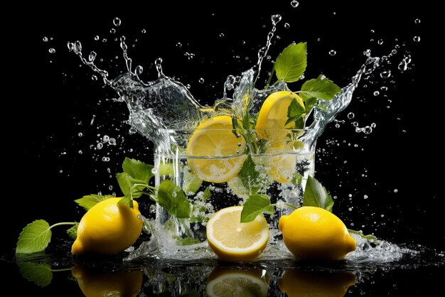 Splashing lemonade with mint and lemons on the wooden table isolated on a black