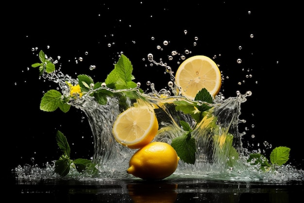 Splashing lemonade with mint and lemons on the wooden table isolated on a black