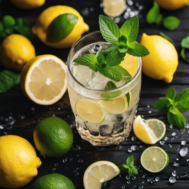 splashing lemonade with mint and lemons on the wooden table isolated on a black