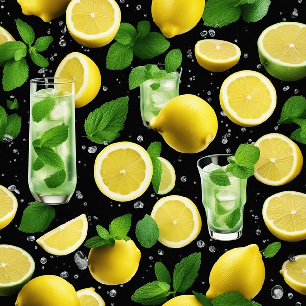 splashing lemonade with mint and lemons on the wooden table isolated on a black