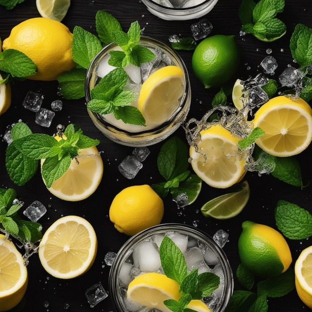 splashing lemonade with mint and lemons on the wooden table isolated on a black