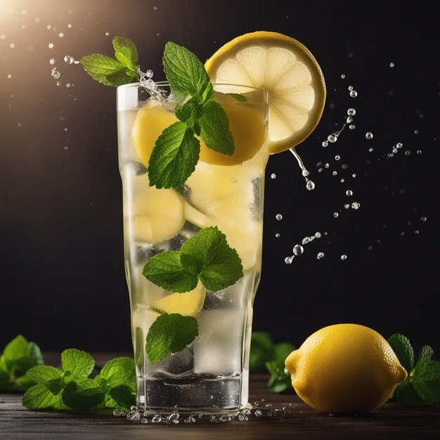 splashing lemonade with mint and lemons on the wooden table isolated on a black