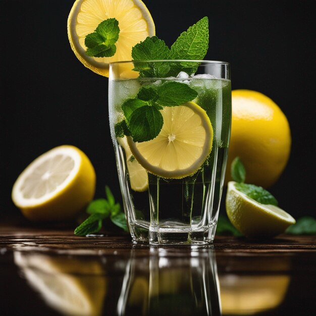 splashing lemonade with mint and lemons on the wooden table isolated on a black