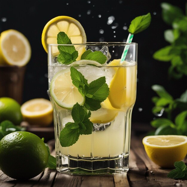 splashing lemonade with mint and lemons on the wooden table isolated on a black