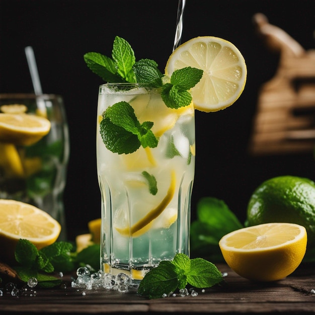 splashing lemonade with mint and lemons on the wooden table isolated on a black