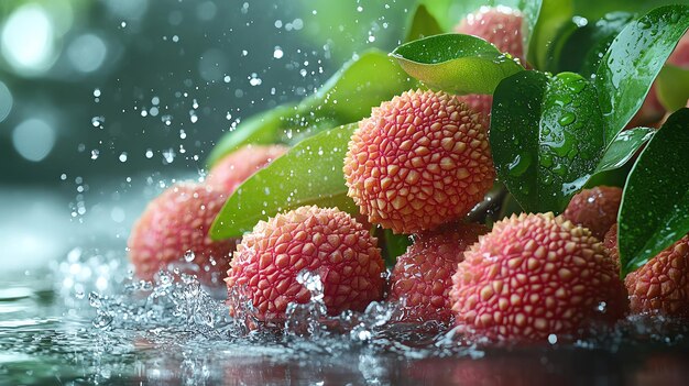 Photo splashing lychee fruit dramatic lighting with water droplets in midair dark bokeh background high contrast