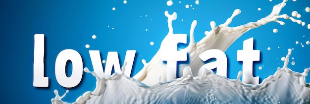 Photo splashing milk and white liquid pour with quotlow fatquot text against a clean blue background crafted