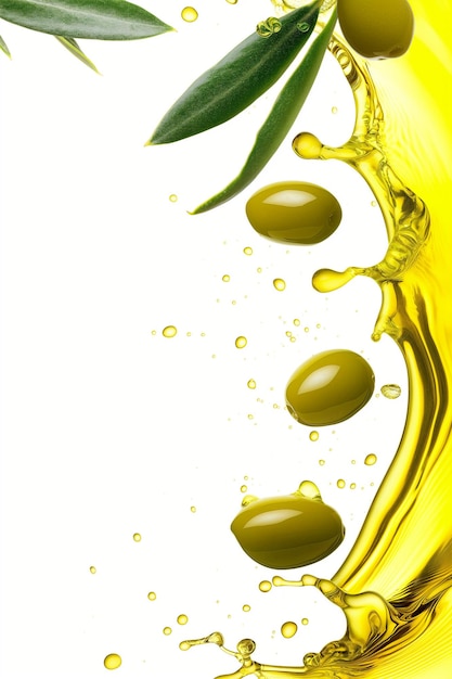 Photo the splashing olive oil with green olives and leaves on white background creating a vibrant and fresh design perfect for cooking concepts