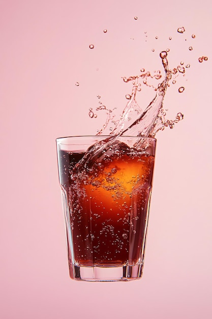 Photo splashing soda in glass on pink background