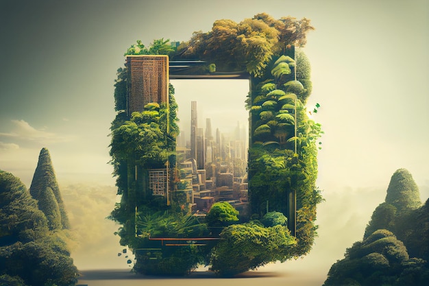 Splendid city covered with green trees and plant Digital art Generative AI