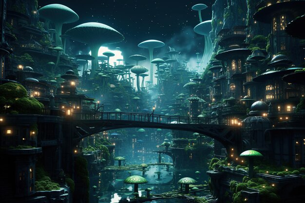 Splendid futuristic cityscape urban forest estates city at night with light