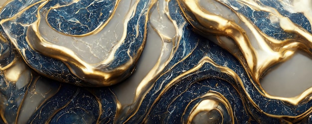 Splendid modern marbling painting abstract design of blue and gold wavy veins pattern texture marble in digital art 3D illustration Dark black and gold fluid melted liquid wallpaper