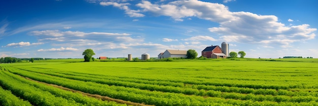 Photo splendid rural panorama highlighting an abundant crop field under soft cloudy sky with a barn and fa