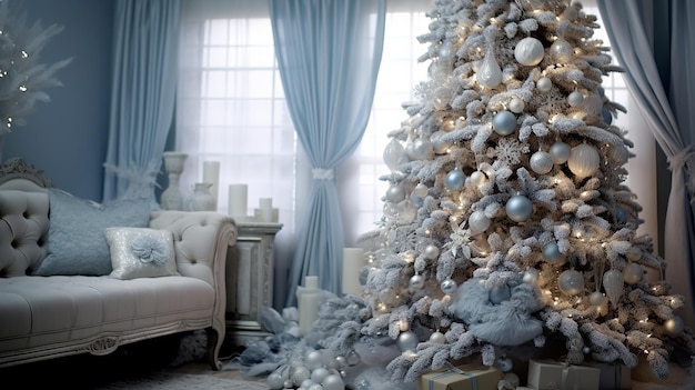 Splendid Silver and Blue Ornaments on Christmas Tree