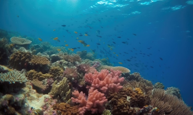 Splendid underwater view of a diver exploring coral reef Creating using generative AI tools