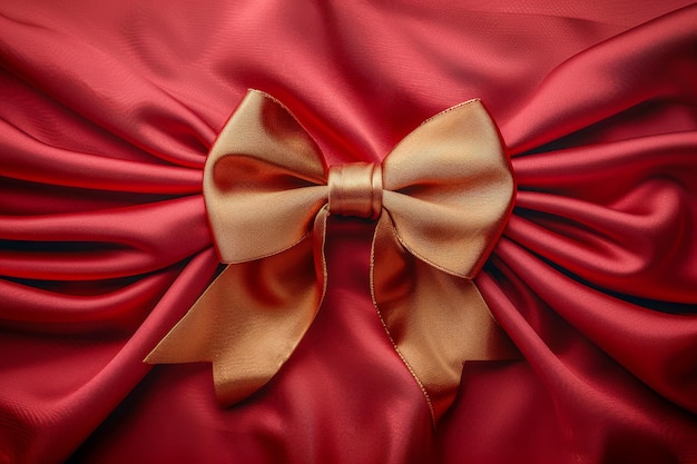 The splendor of celebration captured in a radiant gold bow nestled on the sensuous curves of vibrant red satin